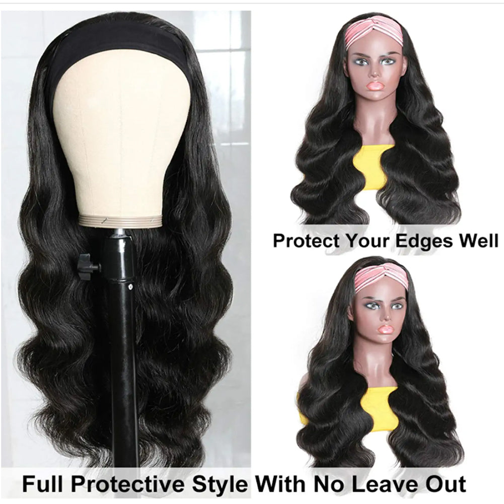 Fadaina Body Wave Headband Wig Human Hair Wigs for Black Women Brazilian Virgin Hair Headband Wigs 150 Density Natural Color 12 Inch