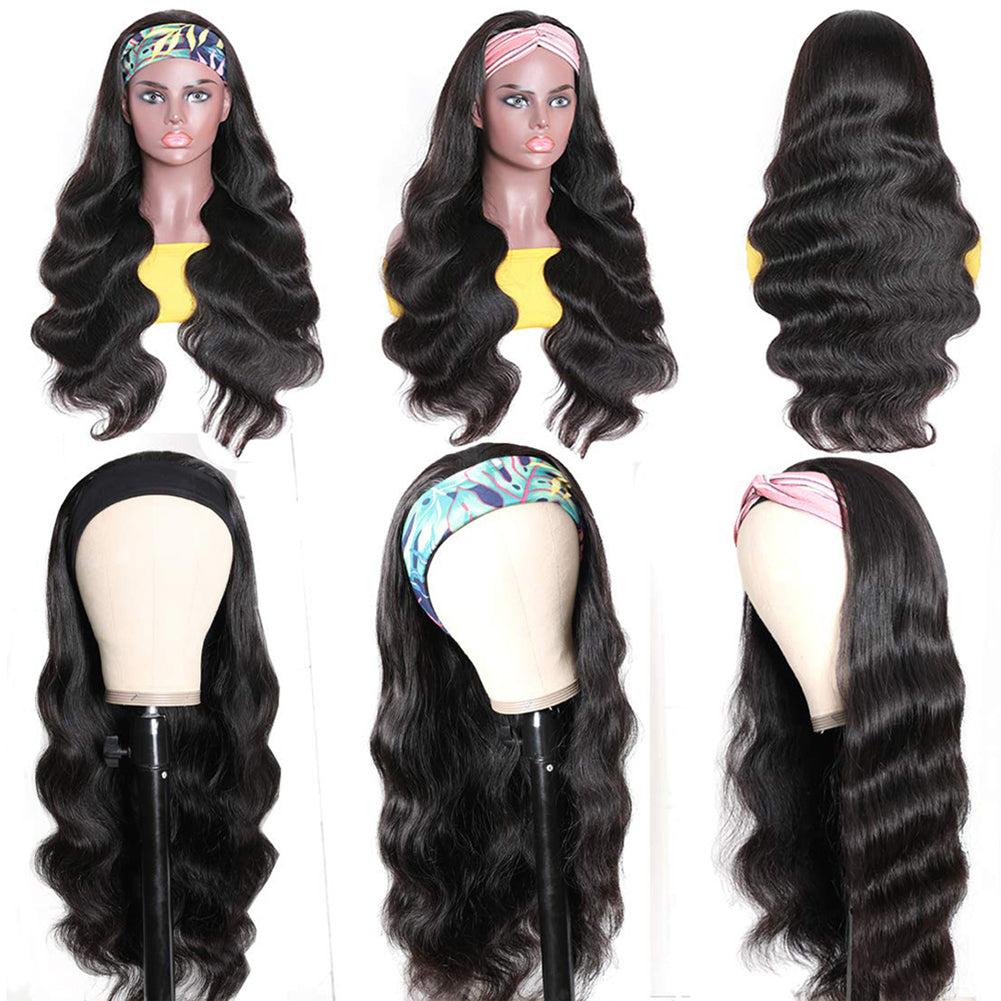 Fadaina Body Wave Headband Wig Human Hair Wigs for Black Women Brazilian Virgin Hair Headband Wigs 150 Density Natural Color 12 Inch