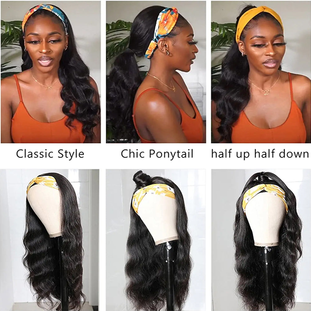 Fadaina Body Wave Headband Wig Human Hair Wigs for Black Women Brazilian Virgin Hair Headband Wigs 150 Density Natural Color 12 Inch