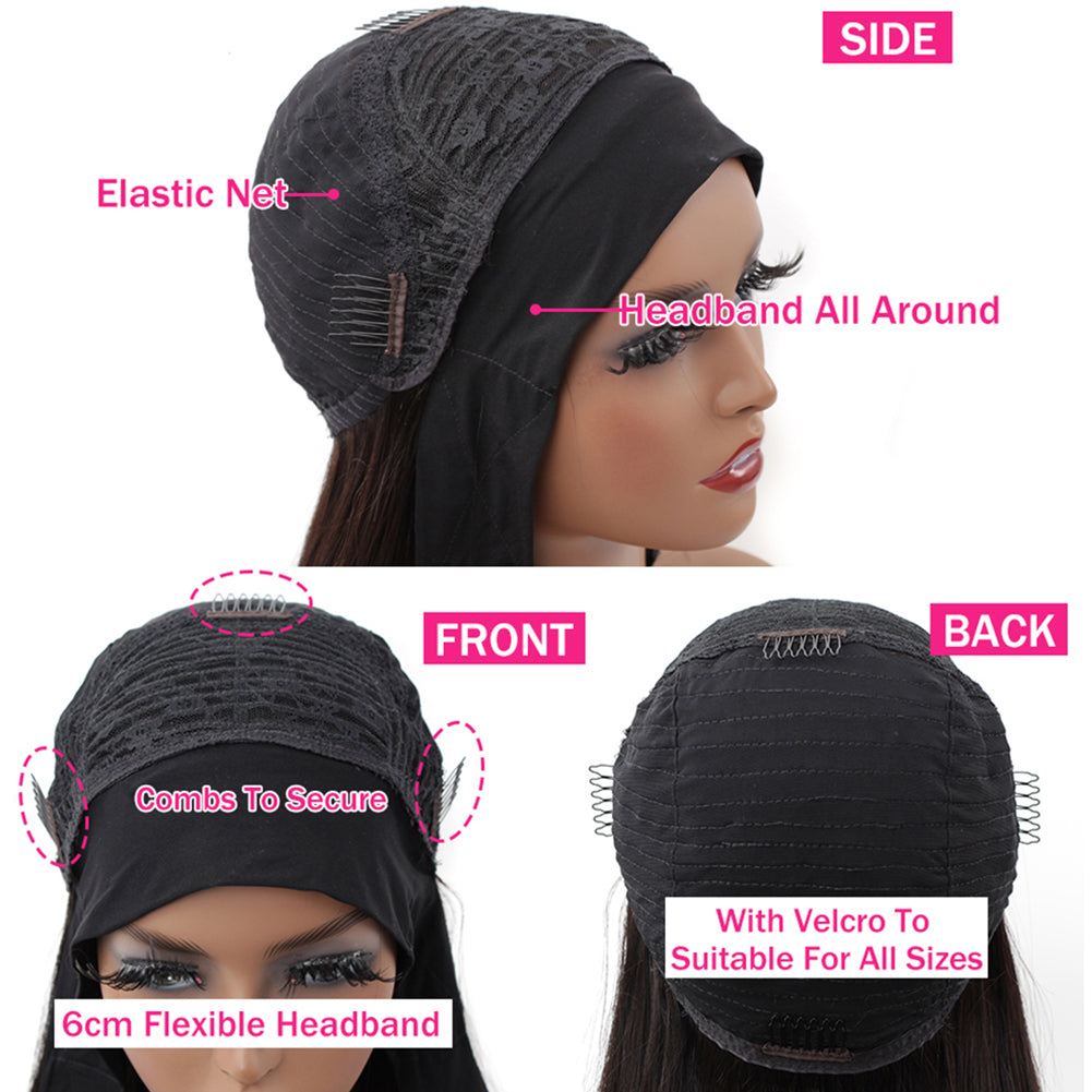 Fadaina Body Wave Headband Wig Human Hair Wigs for Black Women Brazilian Virgin Hair Headband Wigs 150 Density Natural Color 12 Inch