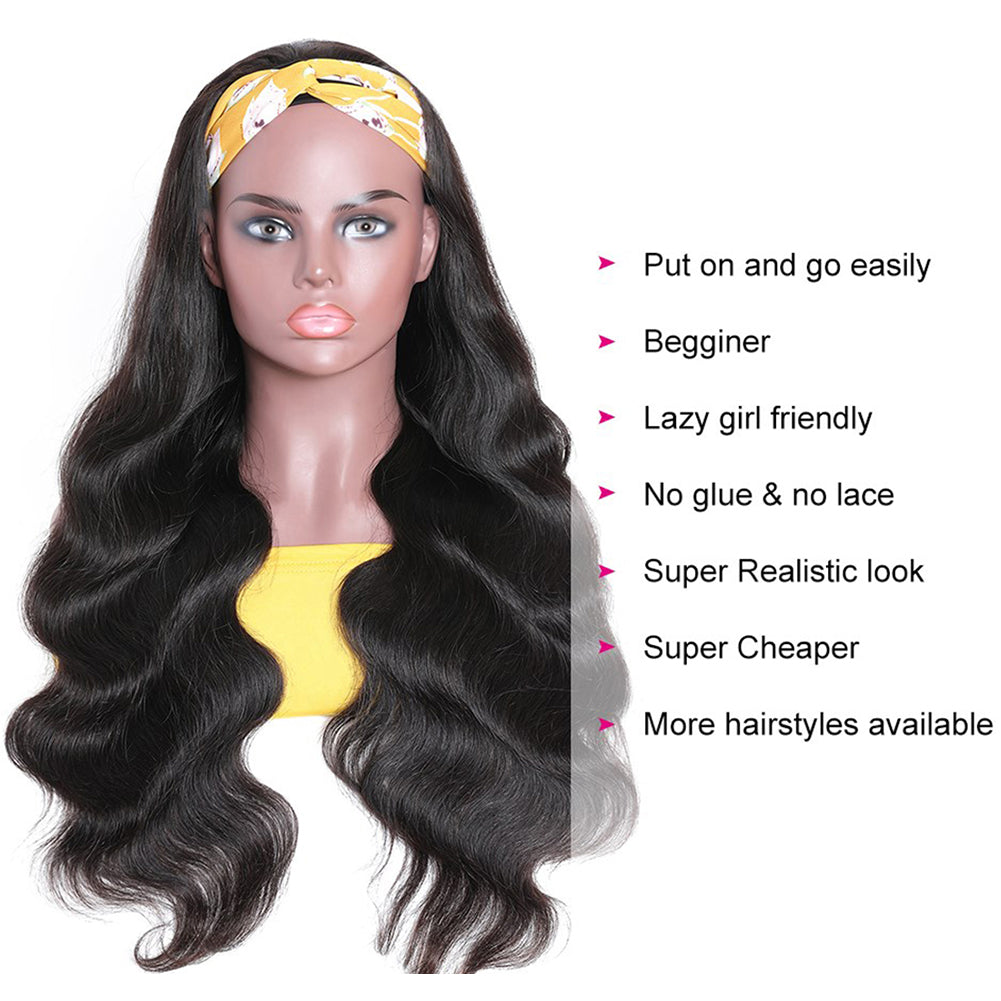Fadaina Body Wave Headband Wig Human Hair Wigs for Black Women Brazilian Virgin Hair Headband Wigs 150 Density Natural Color 12 Inch