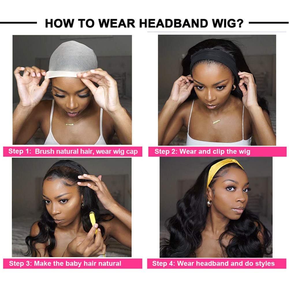 Fadaina Headband Wig Human Hair Wigs Brazilian Body Wave Virgin Hair Wigs For Black Women Body Wave Machine Made Wigs Natural Color 16 Inch